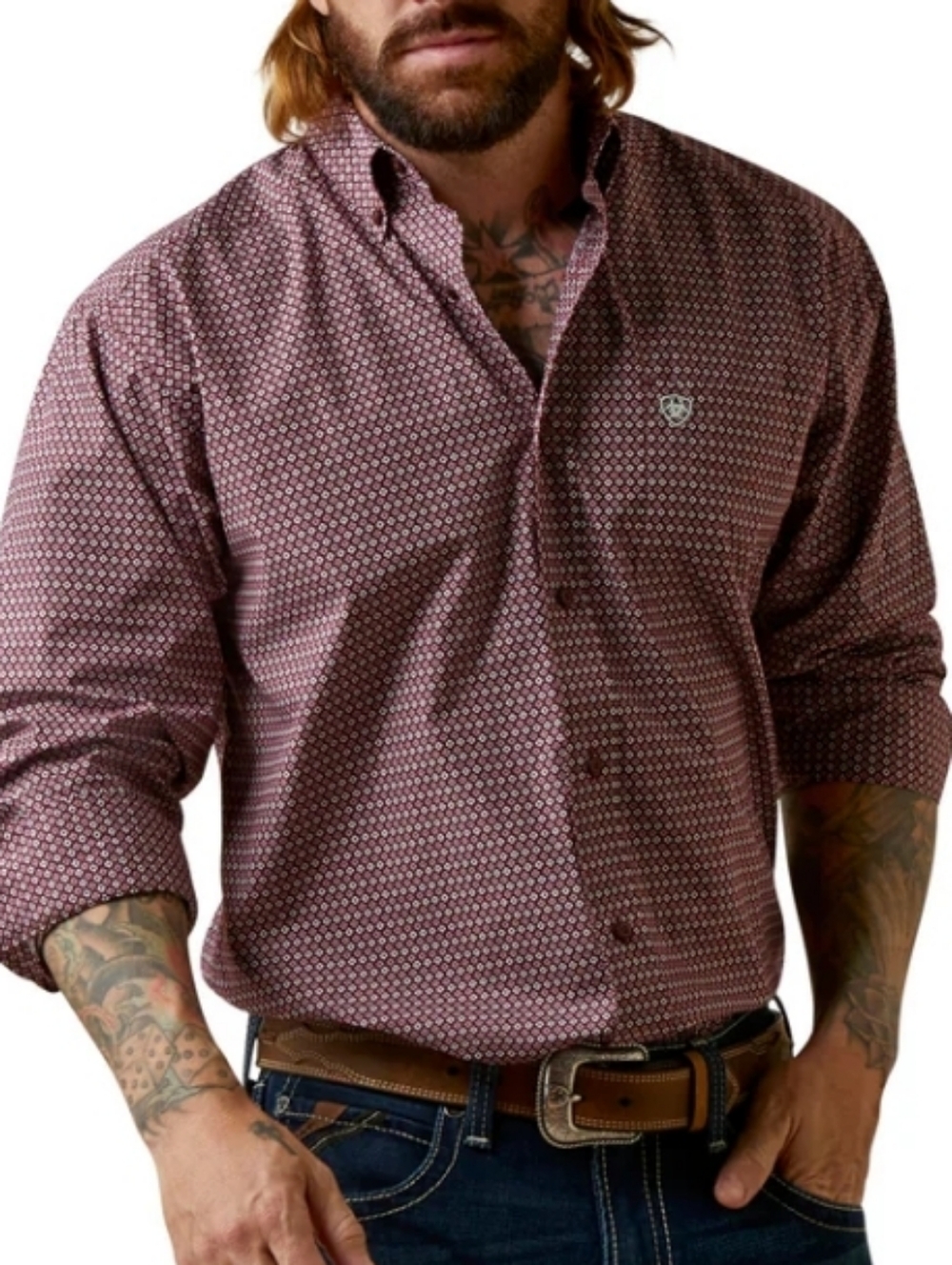 Mens Ariat Long Sleeve Abel Classic Fit Maroon Geometric Button-Down Shirt